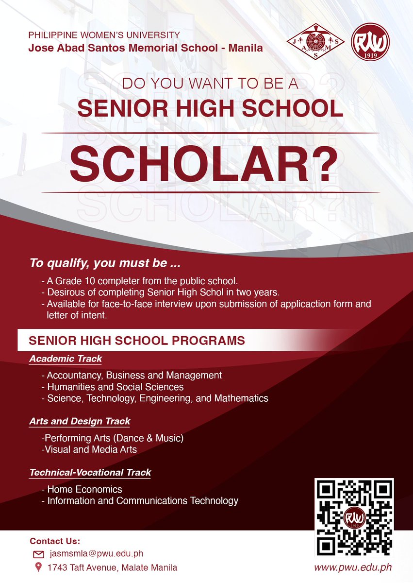 Official PWU (@pwu_manila) on Twitter photo Apply Now!
Open for all incoming Senior High School students.
For further details, please email jasmsmla@pwu.edu.ph or scan QR code.
#Scholarship
#PWUJASMSManila Apply Now!
Open for all incoming Senior High School students.
For further details, please email jasmsmla@pwu.edu.ph or scan QR code.
#Scholarship
#PWUJASMSManila