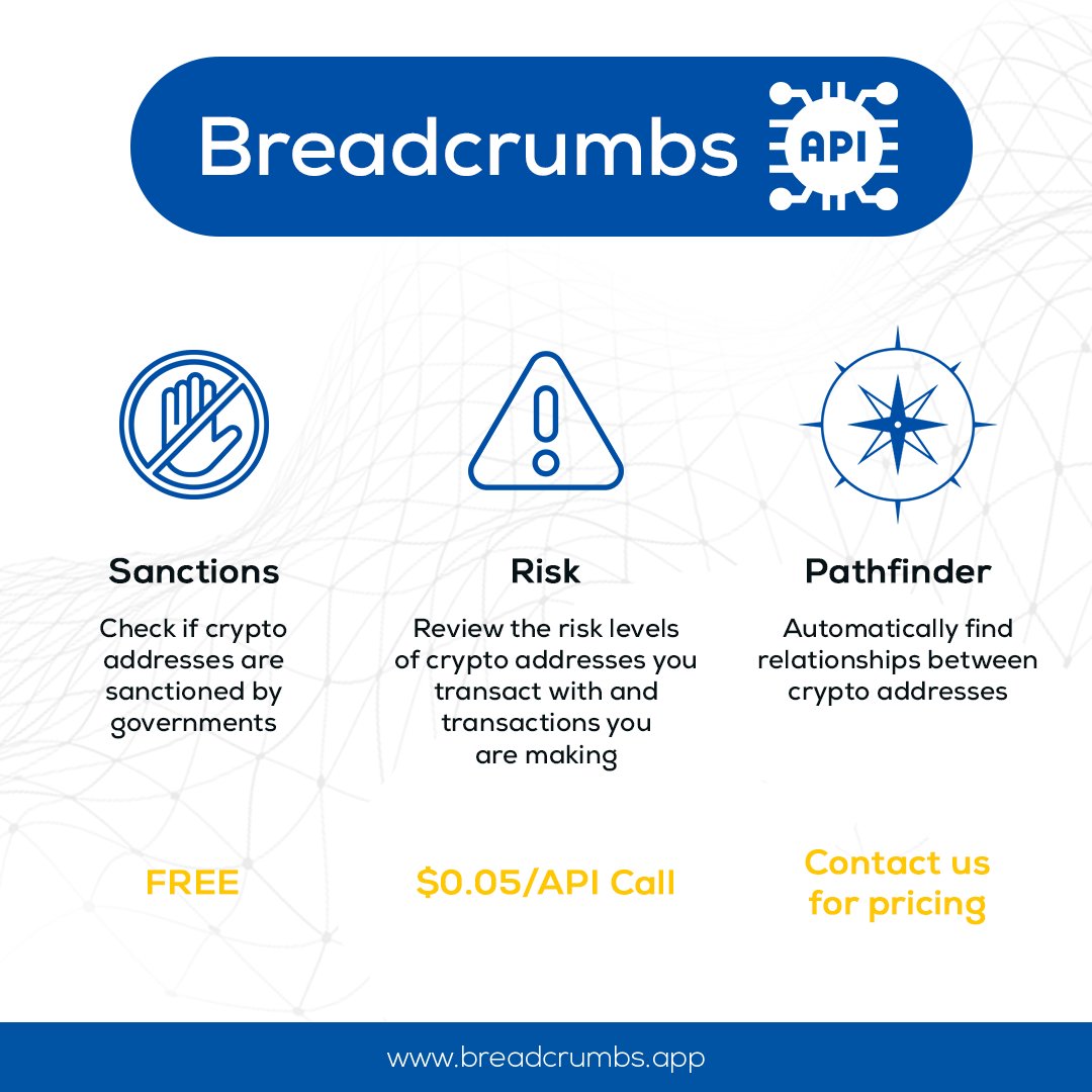 AppBreadcrumbs's tweet image. ⚙️⚙️Breadcrumbs has APIs you can integrate in your #web3 applications. You get FREE credits when you try them out now! Learn more here:
comply.breadcrumbs.app
#cryptoAPI #cryptotools