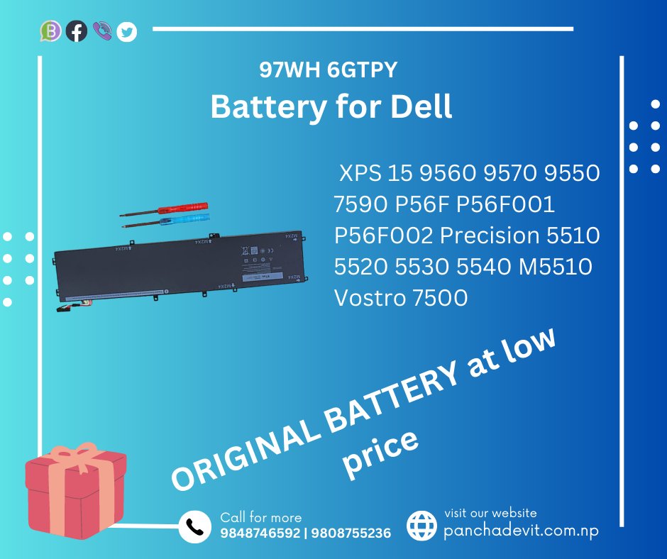 Dell Original battery
-----------------------
~ 97WH 6GTPY Battery for
~XPS 15 ~9560 ~9570 ~9550 ~7590 ~P56F ~P56F001 ~P56F002 ~Precision 5510 ~5520 ~5530 ~5540 ~M5520 ~M5510 ~Vostro 7500
.
.
.
.
.
#laptoprepair #screenreplacement #laptopscreenreplacement #batteryreplacement