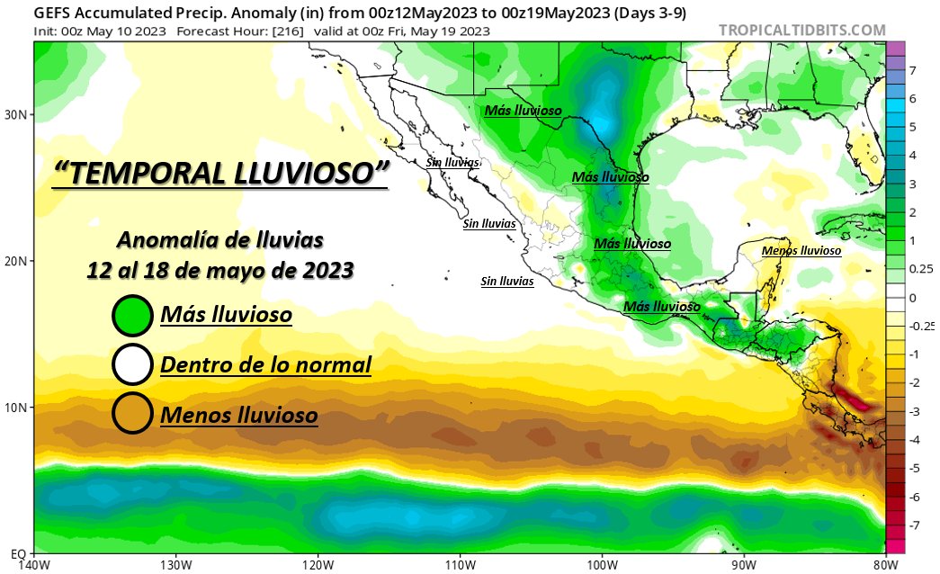 ⚠️SEGUIMIENTO: persiste pronóstico del #TemporalLluvioso🌧️ del 12-17/mayo sobre el noreste, centro, oriente, norte y parte del sureste.

🟢Interacción entre #FrenteFrío54, línea seca, vaguadas, divergencia en altura, calor y relieve ocasionarán lluvias por arriba de lo normal⛈️