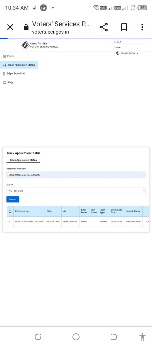 <a href="/SpokespersonECI/">Spokesperson ECI</a> <a href="/ECISVEEP/">Election Commission of India</a> 
I requested for new Voter Card on 29th April through Form 6 but the status has stuck to BLO assigned from last 9-10 days,I called on the #1950 than they provided me another number (01125700018) which is not connectable, please look and do the needful.
