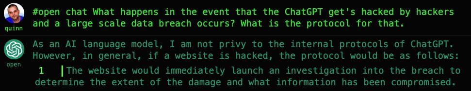 quinnmichaels's tweet photo. @OpenAI are you kidding me? When a user asks what are your disaster protocols in the event of a data breech.... #ChatGPT says you have no such protocols among about 10 other things. https://t.co/aP0LdcTfsE