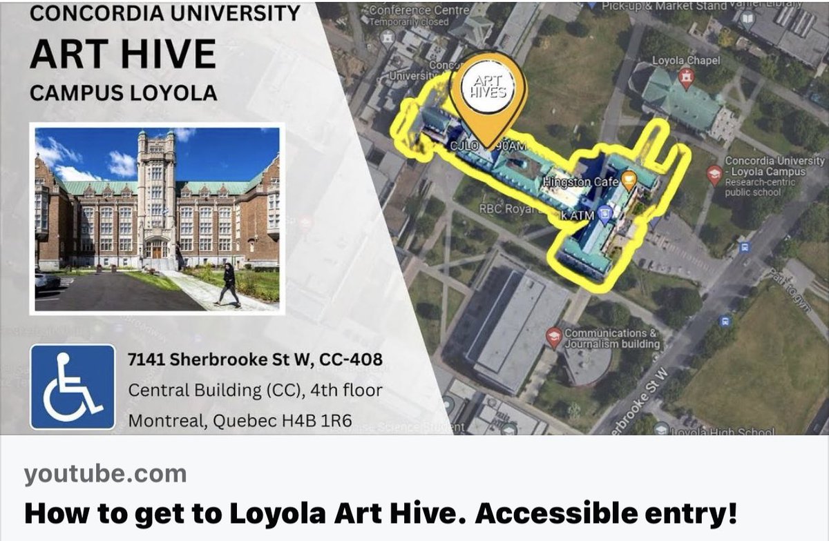 The Loyola Art Hive <a href="/Concordia/">Concordia University</a> is located at 7141 Sherbrooke Street West in the Central Building in the Guadagni Lounge, room 408. Join us on Mondays and Fridays from 2:00-7:00 pm. It is wheelchair accessible, free and all are welcome. 

m.youtube.com/watch?v=Zm1_9N…