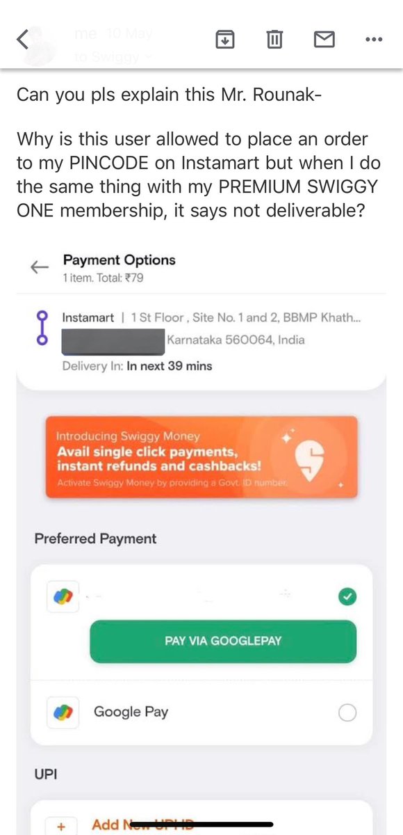 detectivemisra's tweet photo. Day 18? And this is what they do. They allow other users to order from Instamart but when I try to do the same from my “premium SwiggyOne”, they say not deliverable. Who can explain this behaviour now? @SwiggyCares @Swiggy @SwiggyInstamart @consumerforum_ @jagograhakjago #NoBrand https://t.co/oEHWuO4uVt