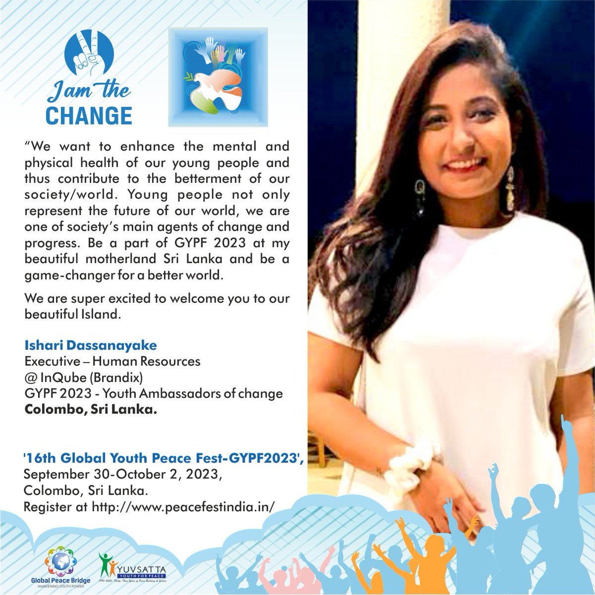 bridgegypf's tweet photo. #Ishari #SriLankan #youthleader is welcoming youngsters from around the #world to join at #GYPF2023 at her beautiful motherland-Sri Lanka. Block your dates for #GYPF2023- 16th #GlobalYouthPeaceFest, #Colombo, #SriLanka. Info https://t.co/16NQFP2HZA
#Letsdomore #Youth2030 #SDGs https://t.co/eBT30wPLbD