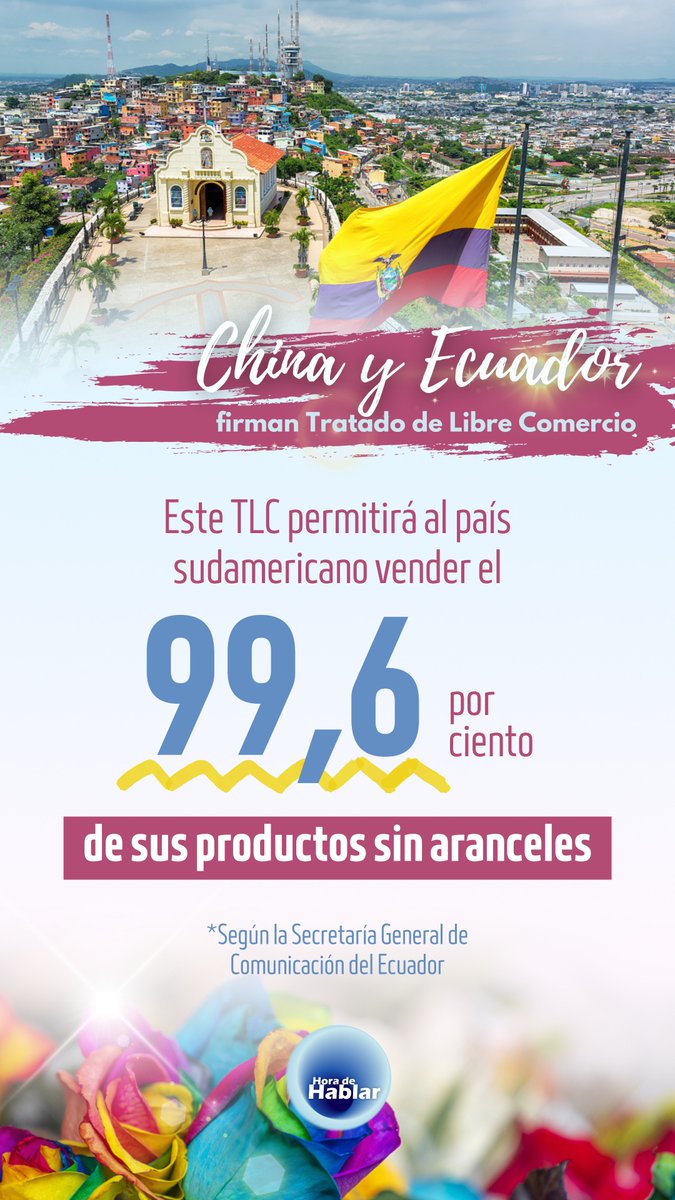 #China y #Ecuador firmaron este miércoles un Tratado de Libre Comercio, el cual permitirá al país sudamericano vender el 99,6 % de sus productos sin aranceles. El importante logro abre las puertas de la exportación al mercado chino de 1.400 millones de consumidores. #HoradeHablar