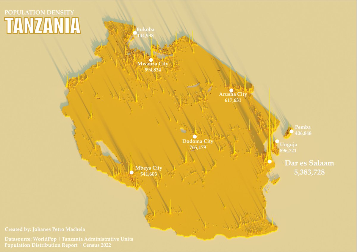 #omdtz The census report reveals Tanzania's population has reached 61,741,120 with 30,053,130 males and 31,687,990 females. Density map showcasing population distribution, data from the @NBSTanzania and @WorldPopProject #Tanzania #Census2022 #PopulationDensity #gischat #aerialod