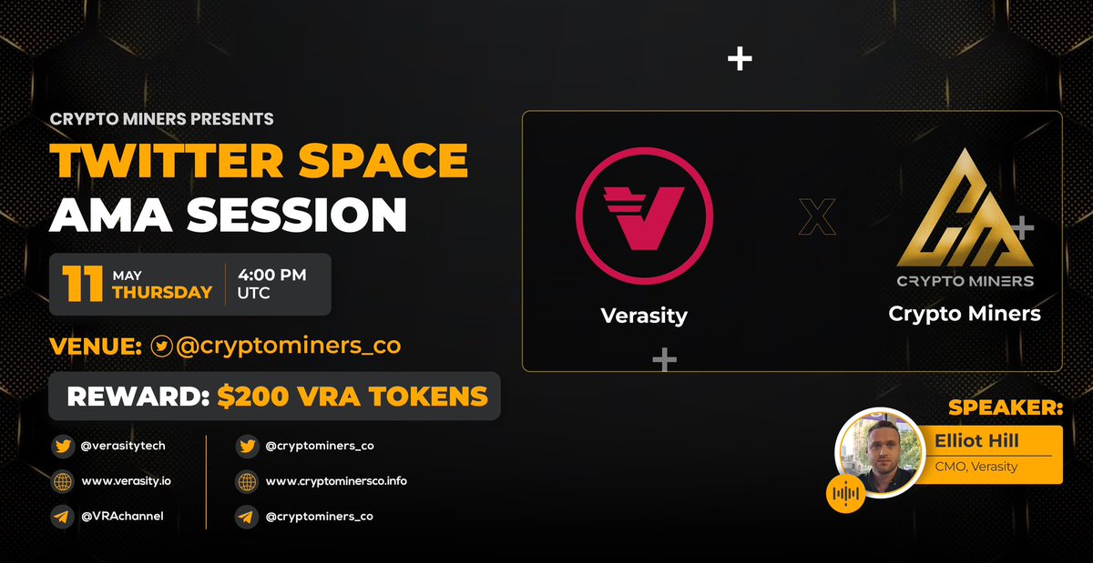 🎙️ Join us for the Twitter Space #AMA with #Verasity 

🕰️ 11th May at 4:00 PM UTC 
🏆 Prize ~ $200 VRA 
📌 Set reminder: x.com/i/spaces/1rmxP…
 
1⃣ Follow @CryptoMiners_co &amp; <a href="/verasitytech/">Verasity (2025 ⏩)</a> 
2⃣ Like &amp; RT 
3⃣ Comment Questions

#VRA $VRA #Verasity