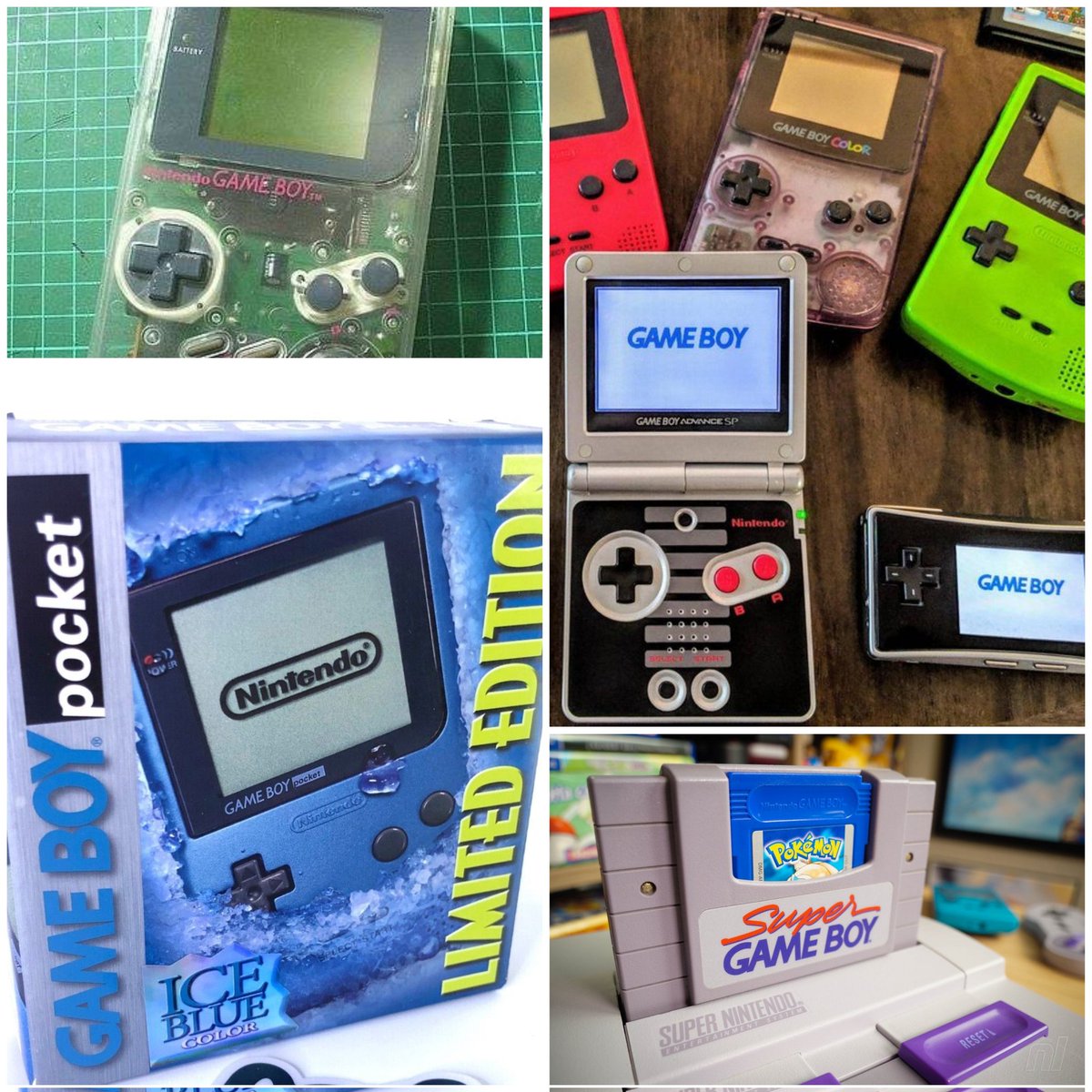 Which version(s) of the #GameBoy did you have? 🤔🕹

#Nintendo #GameBoyPocket #GameBoyColor #SuperGameBoy #LimitedEditionIceBlueGameBoyPocket #GameBoyAdvanceSP #GameBoyMicro