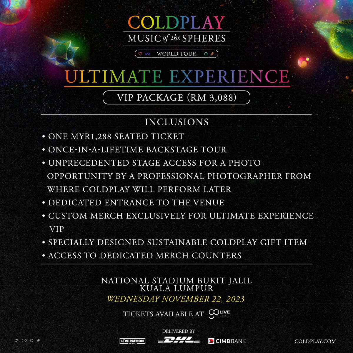 livenationmy's tweet photo. Elevate your experience with these VIP Packages for Coldplay: Music Of The Spheres World Tour - delivered by DHL 🪐

👽 VIP Package 1 - ULTIMATE EXPERIENCE
🛸 VIP Package 2 - MY UNIVERSE
👾 VIP Package 3 - HIGHER POWER

For more details, please visit  https://t.co/Z6YXPT0vEB https://t.co/u2HPJlc09c
