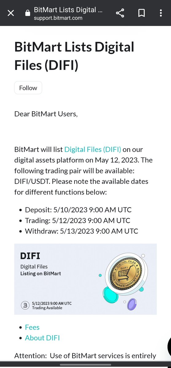 Bitmart is going to list $DIFI (Digitalfiles) tomorrow 12th-May-2023

💰Trading pair: #DIFI/USDT
💎Deposit: 5/10/2023 9:00 AM UTC
💎Trading: 5/12/2023 9:00 AM UTC

@difimarket will be listed on @BitMartExchange 🚀🚀🚀