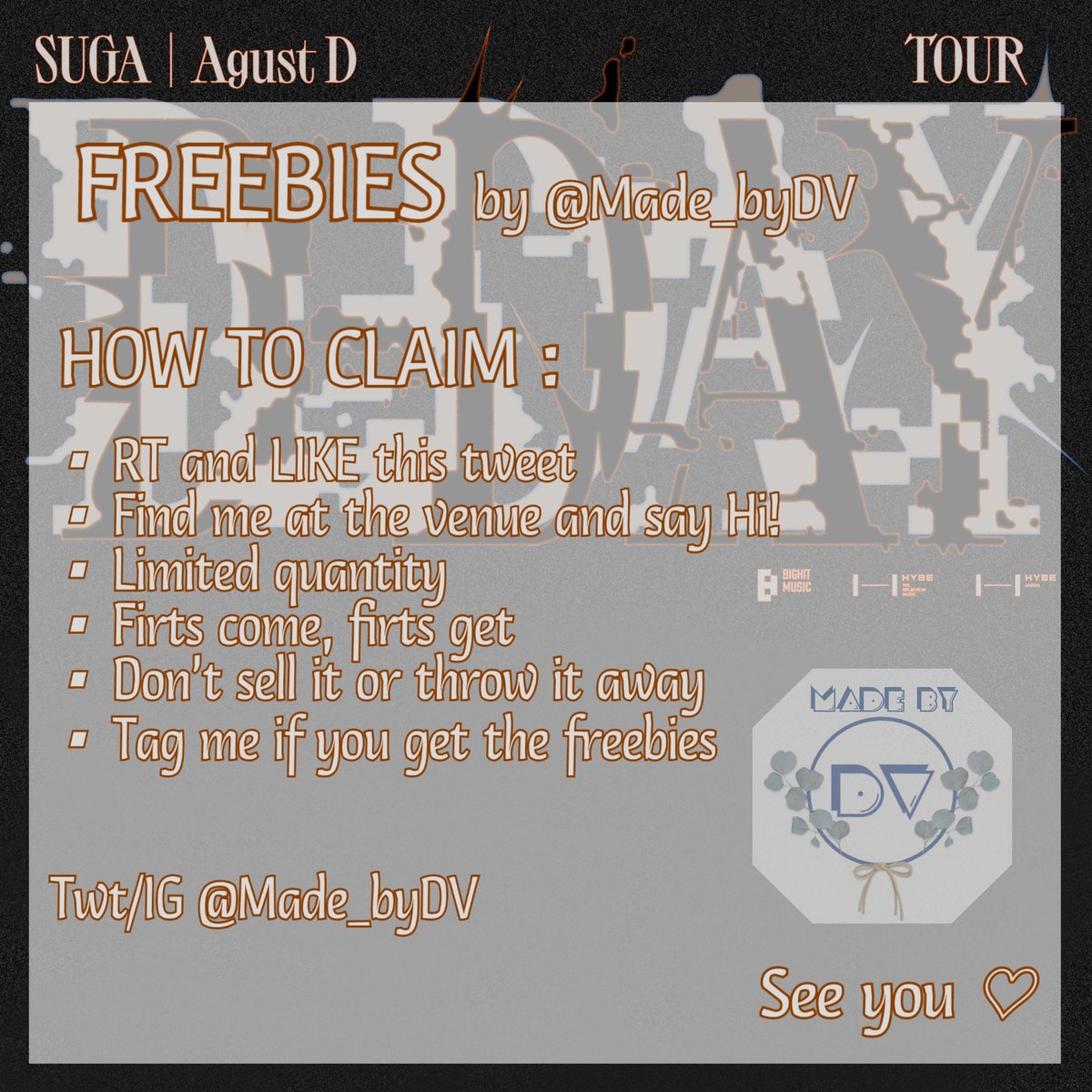 Help RT &amp; like 🙏

SUGA | Agust D TOUR in JAKARTA
FREEBIES by <a href="/Made_byDV/">FAST RESPONSE CHAT SHOPEE</a> 

Halo aku mau bagi² freebies buat ARMY yg ada di venue 

📍ICE BSD, Tangerang
🗓 May 26, 2023 (DAY 1 ONLY)
⏰ TBA 

Details on Pict
Exchange freebies please DM
#SUGA_AgustD_TOUR #SUGA_AgustD_Jakarta