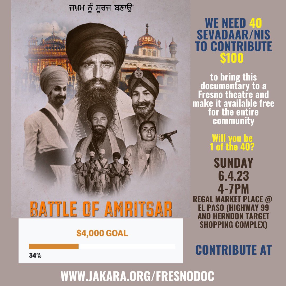 JakaraMovement's tweet photo. We need your help! We are 34% to our goal to raise $4000 to bring this documentary about the Battle of Amritsar in 1984 and bring it free to the entire community. We are asking 40 sevadaar/nis in the community to contribute $100. Will you stand up??? https://t.co/ZP5kO0UFxP https://t.co/qWAc4pPtlv