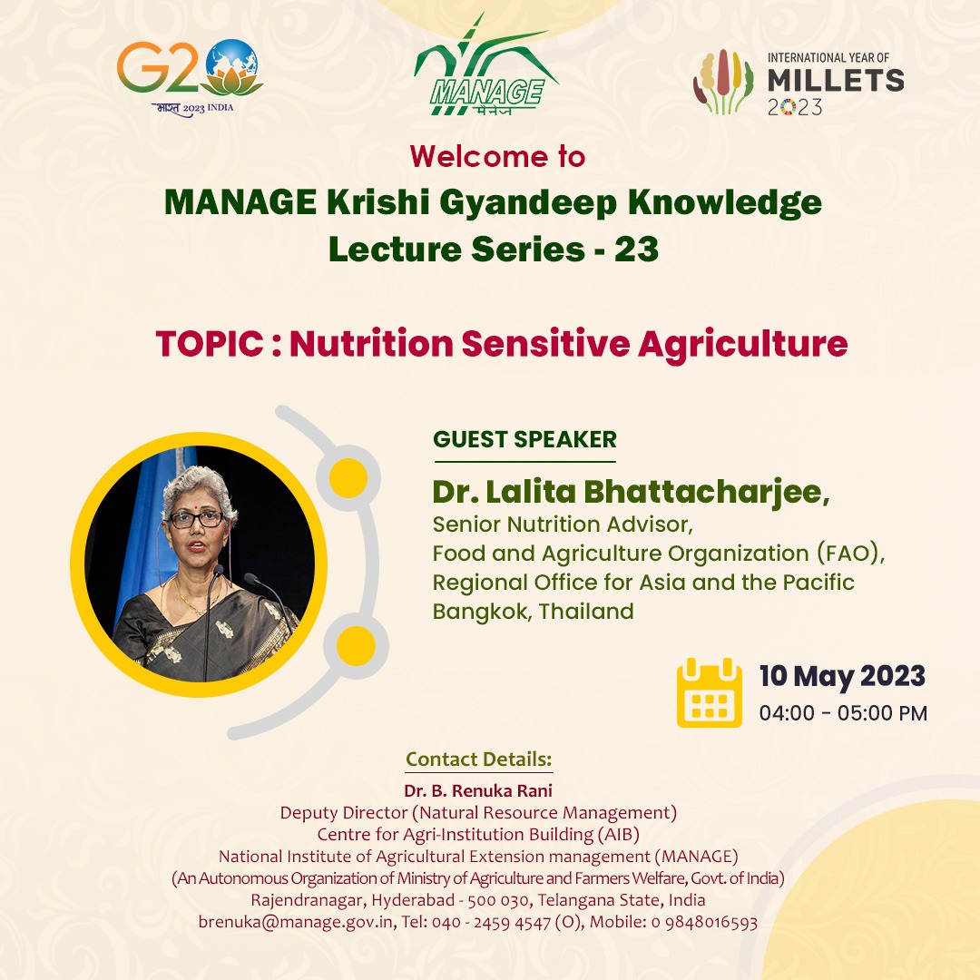 ManageHyd's tweet photo. #MANAGE #KGLectureSeries23 on #NutritionSensitive Ag by Dr Lalita Bhattacharjee #FAO. DG-MANAGE Dr P Chandra Shekara stressed imp in sustainable dev. 85 professionals attended #AgriculturalExtension @AgriGoI @MediaCellMANAGE @chandraagri @SecyAgriGoI @Sampraveen0406 @likhi_dr https://t.co/EOpuBSIBC0