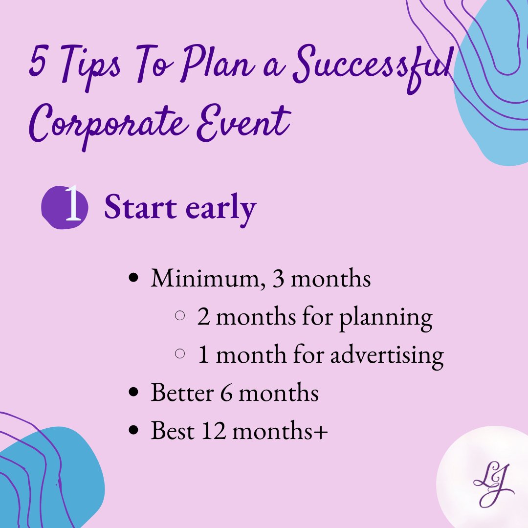 LadyJewelEvents's tweet photo. We're continuing our series on five tips for planning a successful corporate event. Tip #1 ~ Start early and we mean early. The best-case scenario is a planning cycle of 12 months+. We understand that may not be feasible so we recommend at least 3 months. https://t.co/XZS0pIXXo8