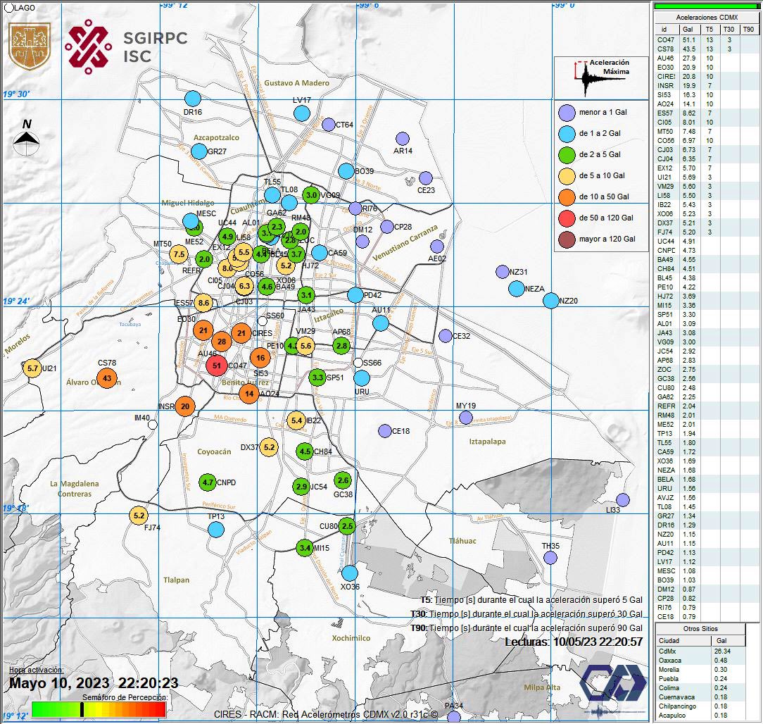 SkyAlertMx's tweet photo. Autoridades dan a conocer mapa de intensidades en Ciudad de México, se miden por aceleración en superficie. Este “pequeño” sismo provocó por pocos segundos intensidad correspondiente a “fuerte” en la zona cercana al epicentro. Es el sismo local más intenso en varios años. https://t.co/QcZjdd6cOM