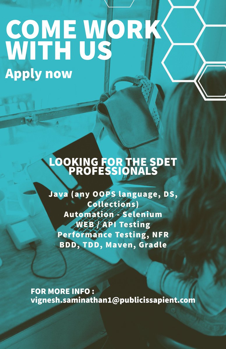 Join our Team!
@PubSapientIndia is hiring for a SDET Automation Engineer.
Experience range : 4 - 9 
Joining location : Anywhere in India
Dm me,. vignesh.saminathan1@publicissapient.com
#Java #maven #automation #selenium #j2ee #oops #sdet #Careers #jobseekers #sdetautomation