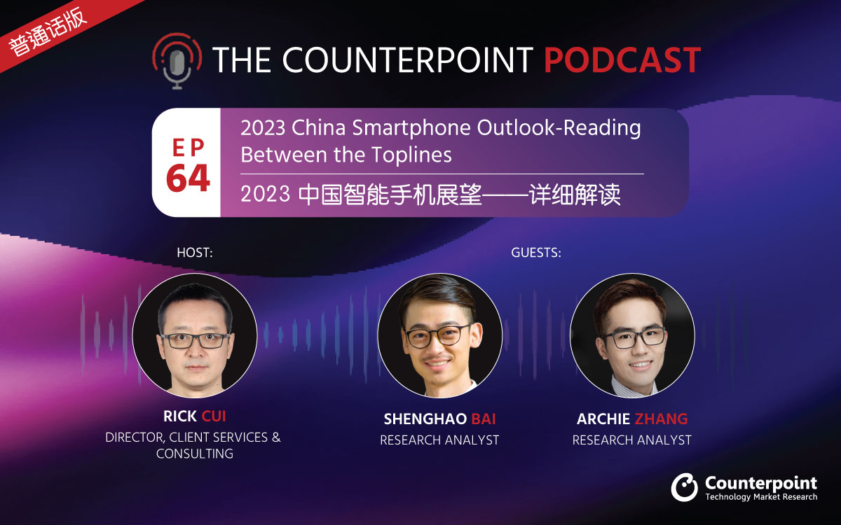 CounterPointTR's tweet image. In our latest Mandarin episode of The #CounterpointPodcast, host Rick Cui is joined by Research Analysts @archiezhcp &amp;amp; @shenghao_bai to talk about Counterpoint’s prediction for the Chinese smartphone market in 2023, the growing interest of OEMs in releasing #foldable #smartphones…