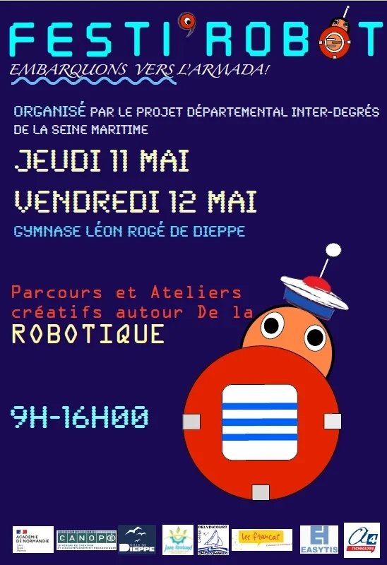festirobot76's tweet image. @festirobot2023 Dieppe Jour 1
Bienvenue aux écoles du 1er et du 2nd degré des circonscriptions de Eu, Neufchâtel, Saint Valéry en caux, Dieppe.
Merci à tous nos partenaires de nous accompagner dans ce projet.