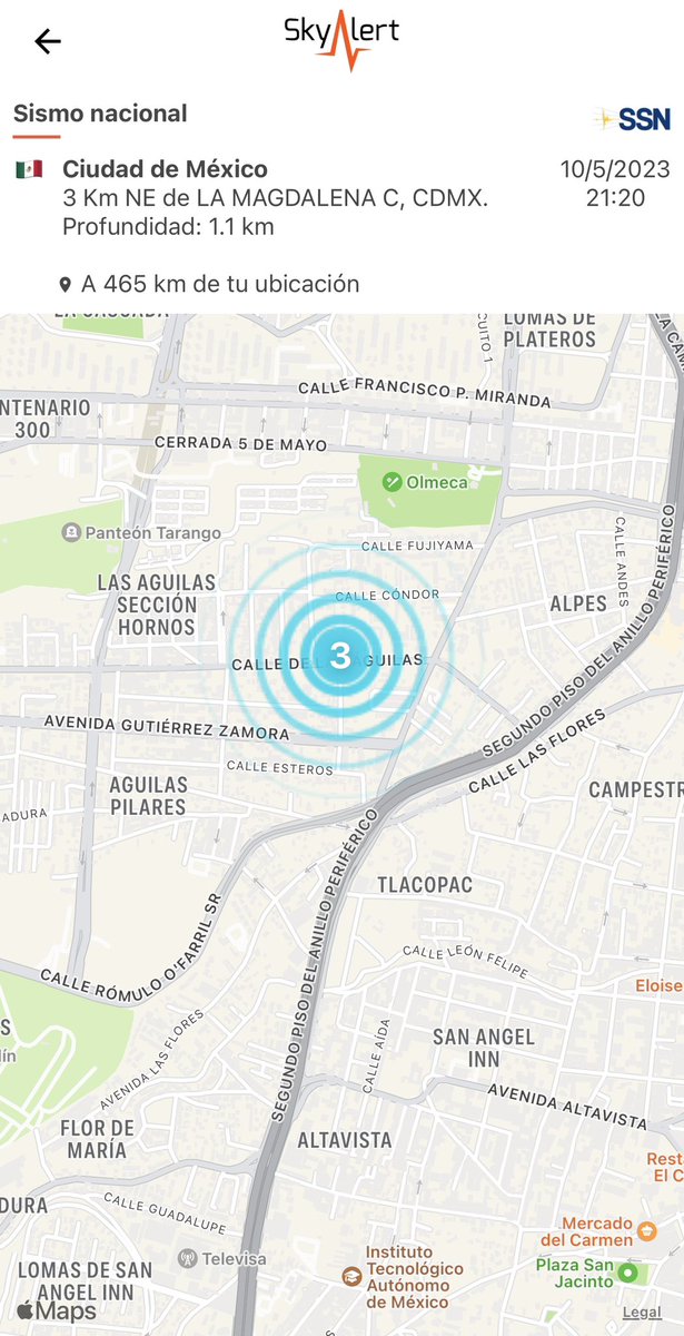 Mapa con magnitud actualizada a 3.0, duración entre 5 y 7 segundos con intensidad “fuerte” por unos instantes. Profundidad 1km. Percibido en más del 80% del Valle de México.