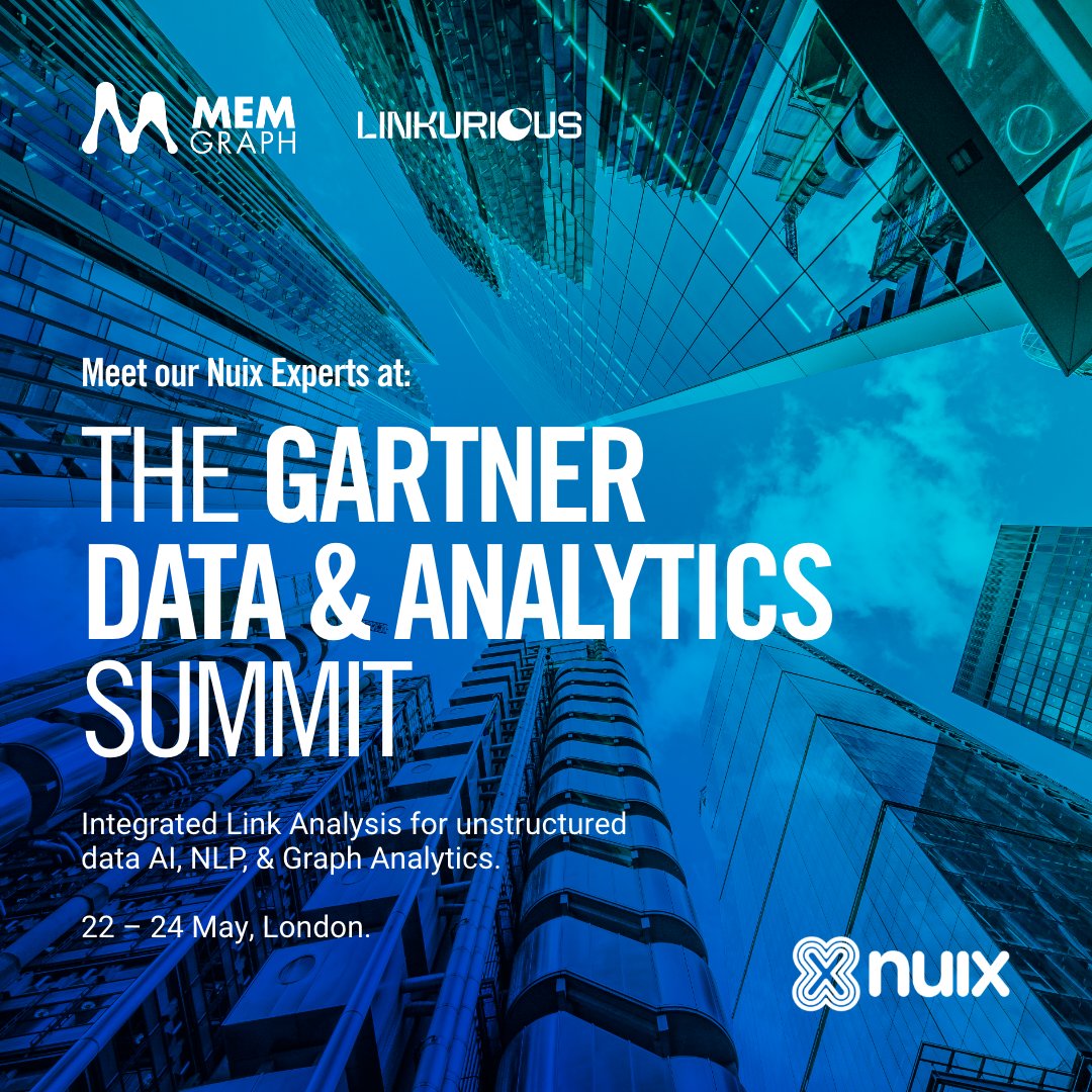 nuix's tweet photo. We've partnered with @Linkurious &amp; @memgraphdb to be at the upcoming @Gartner_inc Data &amp; Analytics Summit in London! Discover the top trends and technologies for innovative and adaptive organizations, and network with data, &amp; analytics leaders.

Find us at booth #522! https://t.co/eY4k9Eulo7