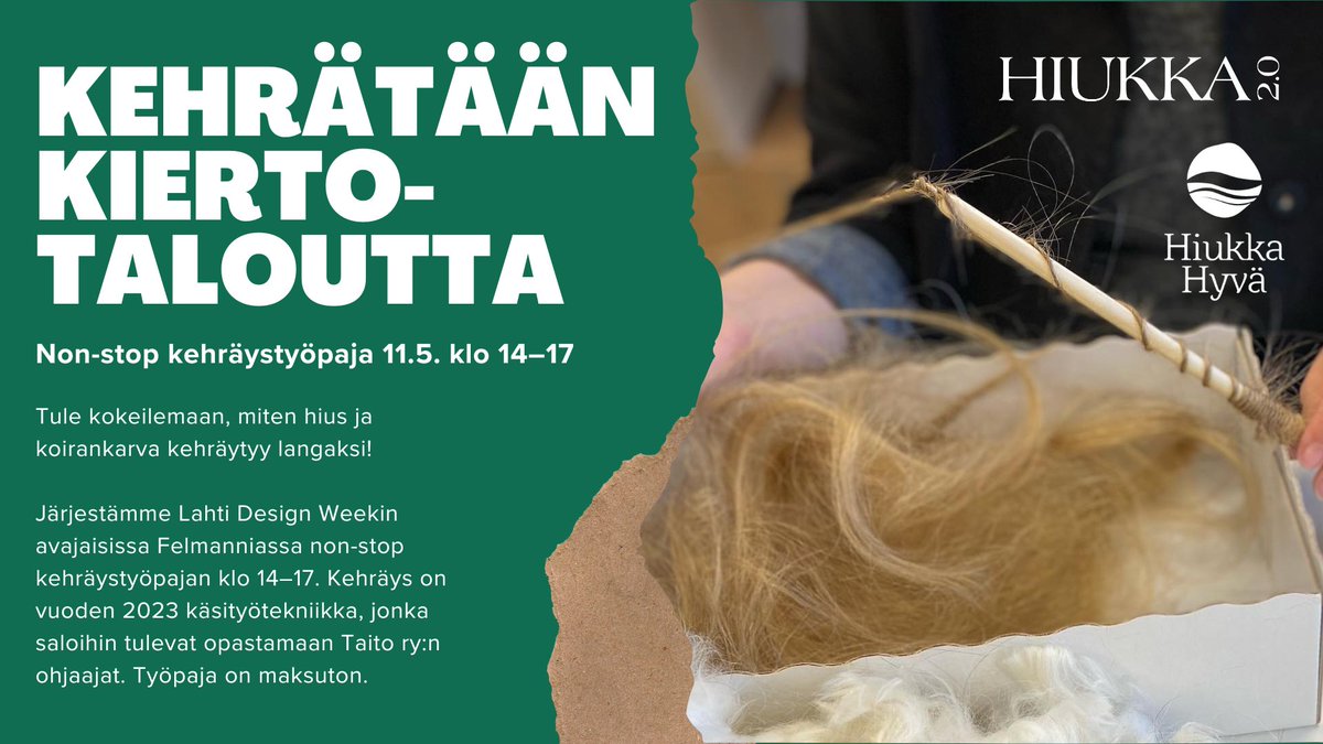 Saako hiuksesta kehrättyä lankaa? Non-stop kehräystyöpaja 11.5. klo 14–17 <a href="/LahtiDesignWeek/">Lahti Design Week</a> <a href="/LABfinland/">LABfinland</a> 

#wowvastuullisuusnäyttely #hiukkahyvä #hiuskuitu #kehräys #vuodenkäsityötekniikka #taitory