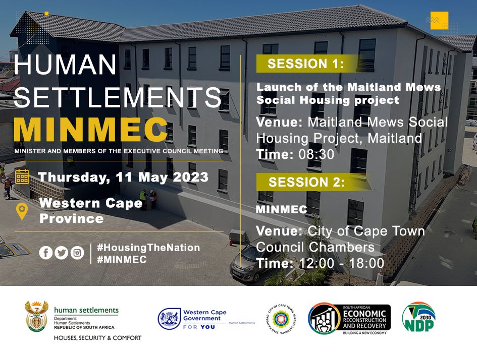 The_DHS's tweet photo. Sanibonani Mzansi 🇿🇦 | Happening today 👇🏾

Human Settlements MINMEC and the launch of Maitland Mews Social Housing Project in the Western Cape. 

#MINMEC #HousingTheNation https://t.co/yXDt50IOqL