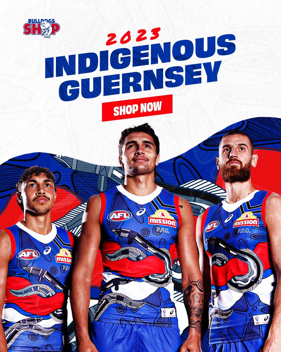BulldogsShop's tweet photo. Introducing our 2023 Indigenous Guernsey designed by Gunditjmara &amp; Yorta Yorta man Jason Walker 
🖤💛❤️
To be proudly worn by all four Bulldogs teams across AFL, AFLW, VFL &amp; VFLW. 
Shop the Guernsey online now: https://t.co/kAQY680Yd5 https://t.co/OAre7RZYe0
