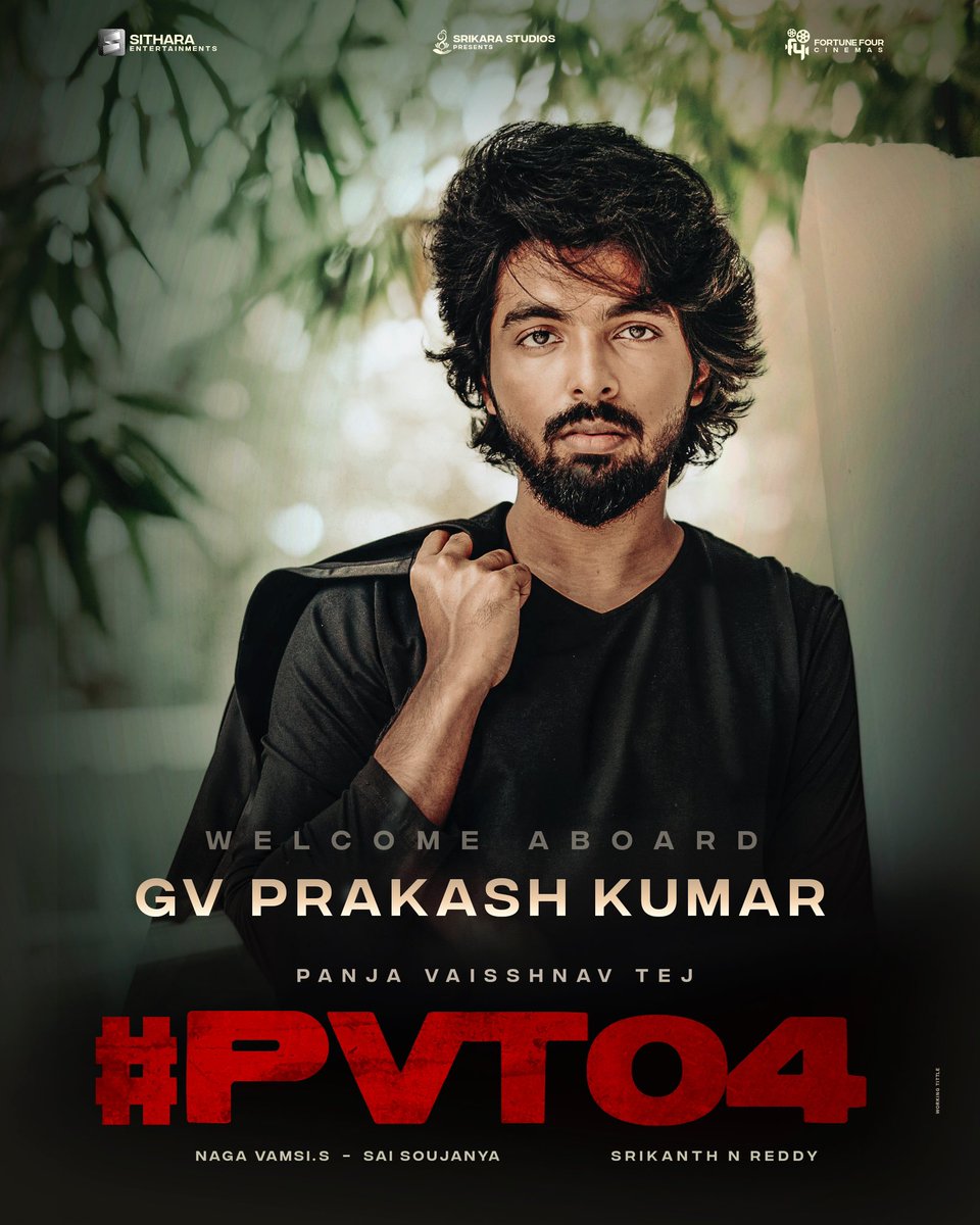 After the sensational soundtrack of #Vaathi/#SIR, We are elated to collaborate with musical genius & multi-talented @gvprakash garu once again for our next, #PVT04 🤩🎹🎶 #PVT04Glimpse will be out soon! 🔥 #PanjaVaisshnavTej @sreeleela14 #JojuGeorge @aparnaDasss #SrikanthNReddy