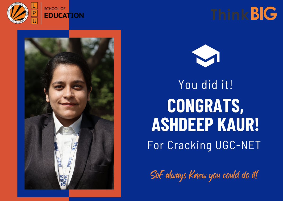 LPU_Education's tweet image. SoE is extremely proud of its star performer Ashdeep kaur for qualifying UGC-NET. Her dedication in the classroom always stands as a benchmark for other teacher trainees.

#UGCNET20212022result #UGCNET2022 #AchieveBIG #achievers #ThinkBig #learnatSOE #meritorious #highopes