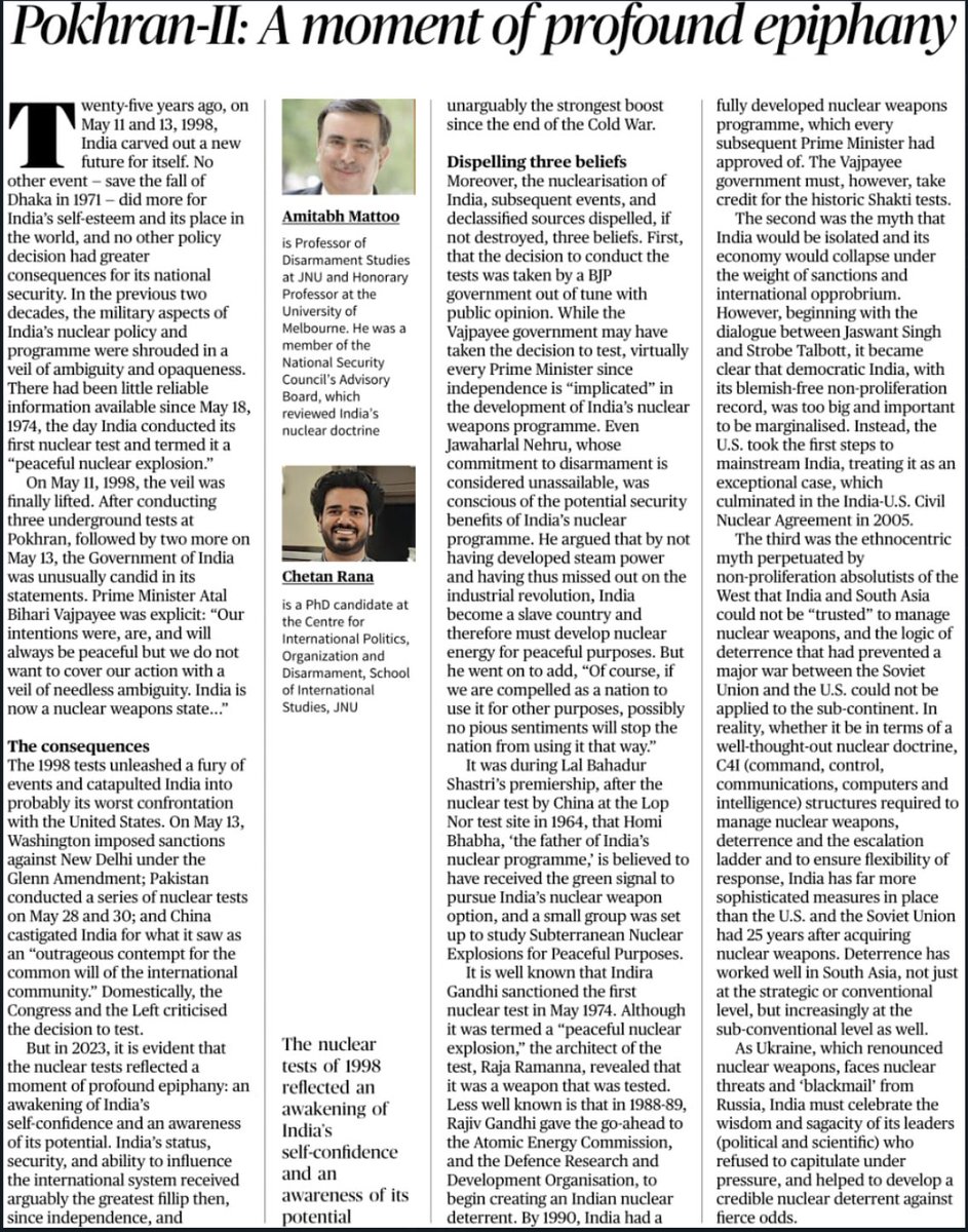 #ThursdayMorning #ReadingRecommendation!
Super piece by Prof. @amitabhmattoo & @ChetanRana96 in @the_hindu.  
Packed with rich insights on yes, #Pokhran2 , but also #USIndia #RisingIndia #NPT #nonproliferation #nuclearpolicy #domesticpolitics...Do have a read👇…