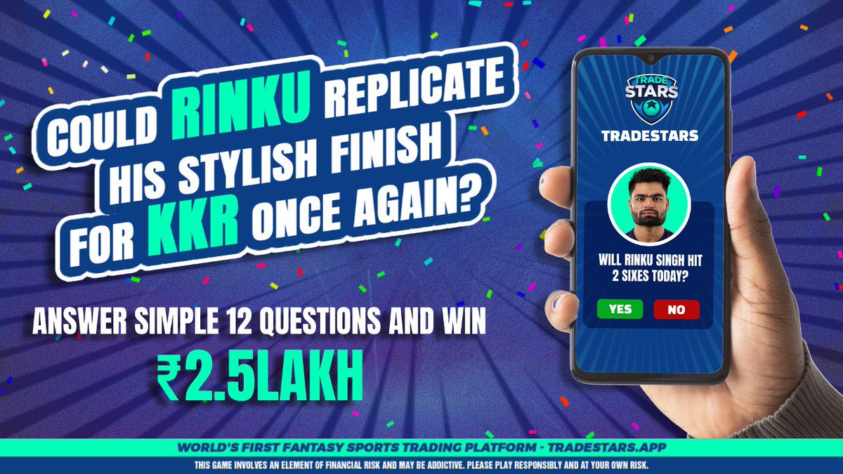 TradeStarsOK's tweet photo. ❓ Can #RinkuSingh replicate his stylish finish once again
⚡️ Ready for an electrifying showdown between #KKRvsRR
💰 Get on the action by purchasing #FantasyStocks of your favourite players
🧩 Today's daily challenge: https://t.co/zmY9m5K8XT
#IPL #FantasyCricket #WinINR https://t.co/IPoa7DZRKG