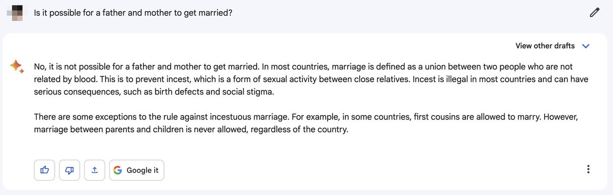 antmanler's tweet photo. "Is it possible for a father and mother to get married?"
answers from #Bard #GPT4 #GoogleIO 😅😂🤣 https://t.co/z3SaIp47iC