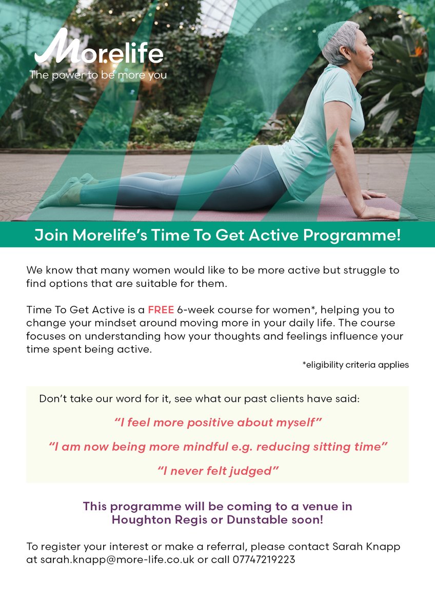 BeActiveBeds's tweet photo. 🌟 Join Morelife's Time To Get Active Programme! 🌟

Our FREE 6-week course empowers women to make movement a daily habit. Unlock your potential as we delve into the mind-body connection. The programme is coming to Houghton Regis or Dunstable soon! Sign up now!

#TimeToGetActive https://t.co/43vCLU1ihf