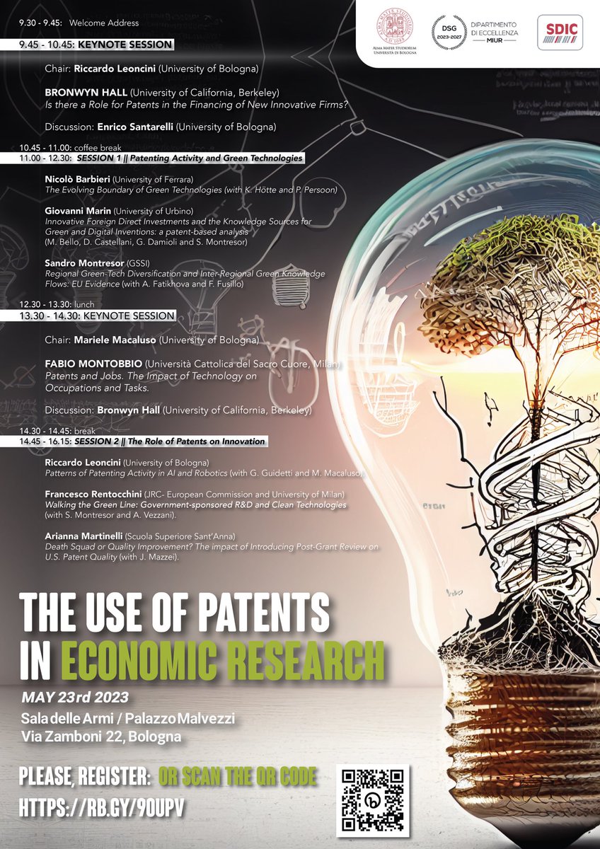 Mariele Macaluso (@marye_m90) on Twitter photo 🚨Countdown to the Workshop: The use of #patents in #economic #research
📍May 23, Sala Armi <a href="/Unibo/">Università di Bologna</a>
Keynote speakers: B. HALL & @fab_montobbio
Great lineup: <a href="/NicBarbieriX/">Nicolò Barbieri</a> <a href="/giovamarin/">Giovanni Marin</a> <a href="/MontresorSandro/">Sandro Montresor</a> <a href="/fix_frarent/">Francesco Rentocchini</a>,R.Leoncini,A.Martinelli,E.Santarelli
👇🏼 🚨Countdown to the Workshop: The use of #patents in #economic #research
📍May 23, Sala Armi <a href="/Unibo/">Università di Bologna</a>
Keynote speakers: B. HALL & @fab_montobbio
Great lineup: <a href="/NicBarbieriX/">Nicolò Barbieri</a> <a href="/giovamarin/">Giovanni Marin</a> <a href="/MontresorSandro/">Sandro Montresor</a> <a href="/fix_frarent/">Francesco Rentocchini</a>,R.Leoncini,A.Martinelli,E.Santarelli
👇🏼