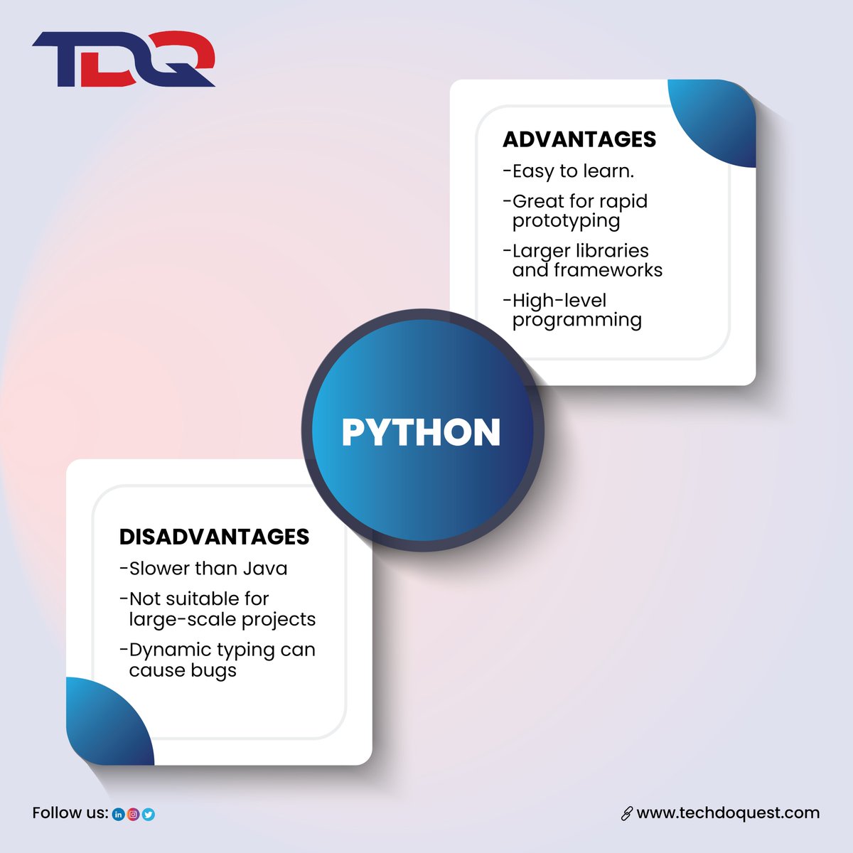 do_quest's tweet image. Advantages of Python:
Easy to learn
Great for rapid prototyping
High-level programming
Disadvantages of Python:
Slower than Java
Dynamic typing can cause bugs
#JavaVsPython #ProgrammingLanguages #JavaProgramming #PythonProgramming #CodeComparison #JavaCommunity #techdoquest #tdq