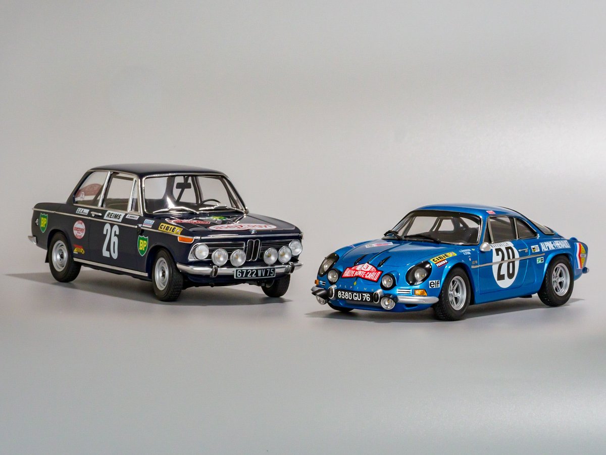 1971_dragon's tweet photo. モンテカルロラリー 1971
優勝車のアルピーヌA110 28号車と15位のBMW 2002ti 26号車。
ようやく並べる事が出来ました。
#tamiya #alpine #A110 #hasegawa #bmw #2002ti https://t.co/SQl4J4zXXb