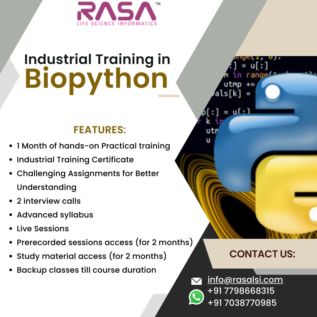 RASAlsi's tweet photo. Industrial Training in Biopython
#biopython #livesessions #handsontraining #learnonline #joboriented #makecareer #industrialtraining #rasa #rasalsi
📌For more details related to the course:
Email us: info@rasalsi.com
Whatsapp on: +91 7798668315 & +91 7038770985. https://t.co/e6WbHzezCJ