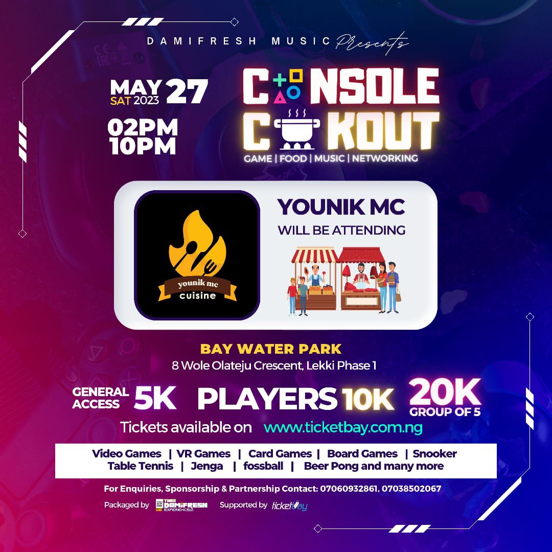 consolecookout's tweet photo. We’ll be having “Younik Mc Cuisine” as one of our food vendors at Console Cookout on May 27th. Be on the look out for them in our market place to enjoy amazing delicacies.
Ticket link in Bio ⬆️
#consolecookout #games #jollofrice https://t.co/G4AiPRRAlZ