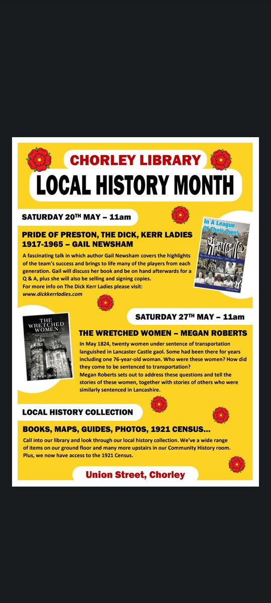 It's local history month! Some great events taking place at Chorley Library in May! 🏵️
