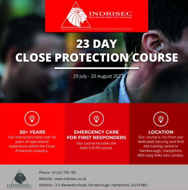 Indrisec Security and First Aid Training (@indrisect) on Twitter photo Our Next Close Protection Course is running on the 29 July to the 20 August now includes our ECFR First Responders Course. To book on call 01252 759 183 or visit indrisec.co.uk Our Next Close Protection Course is running on the 29 July to the 20 August now includes our ECFR First Responders Course. To book on call 01252 759 183 or visit indrisec.co.uk