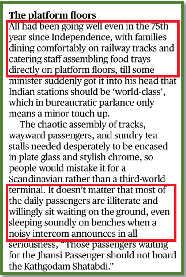 smitabarooah's tweet photo. Argument by Gautam Bhatia in @the_hindu, against modernisation of railways is that people are "illiterate" &amp; sit on the ground etc, so why bother to improve their lives?Where does one even begin to deconstruct this putrid,elitist mindset,which believes d poor don't deserve better https://t.co/xqMSpzwNzI