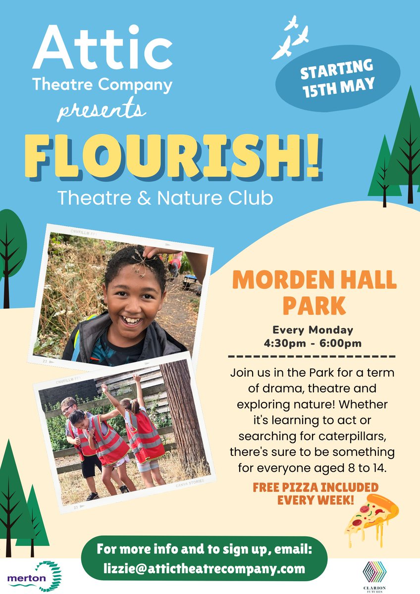 Starting this Monday (15 May) a brand new, free-to-attend theatre and nature club comes to Morden Hall Park thanks to the Attic Theatre company. If you have children aged between 8 and 14 yrs, sign up here: bit.ly/42sXxSE email lizzie@attictheatrecompany.com.