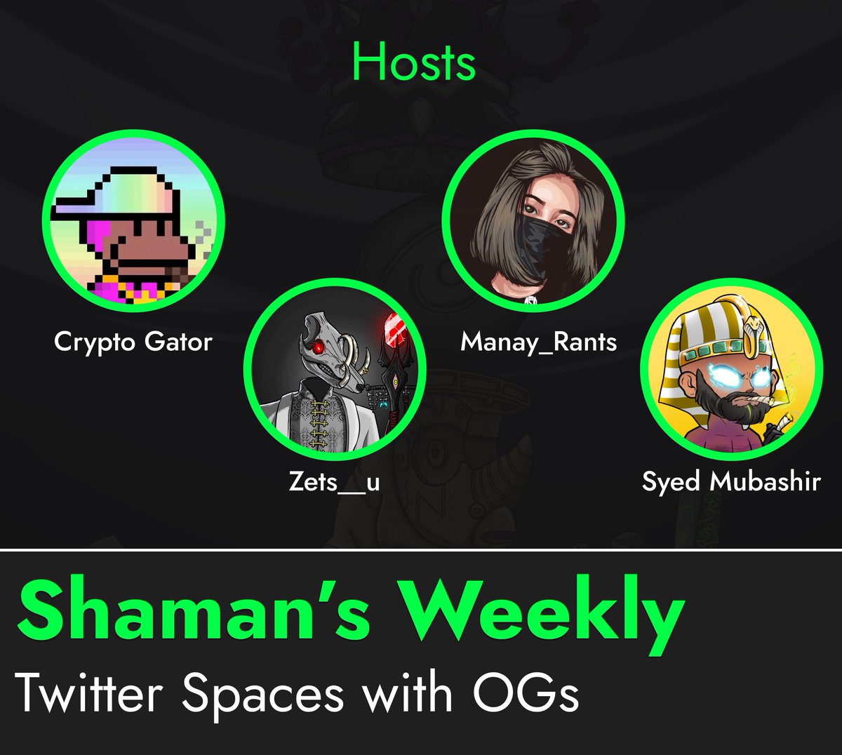 Gm Shamans, it’s Episode 2 of our Shaman’s weekly and joining us will be 

<a href="/AptoRobos/">AptoRobos | Aptos Community</a> 
<a href="/cuffyCapital/">cuffy</a> 
<a href="/_MatrixNFT/">Matrix Labs | V2 Coming</a> 
<a href="/I_Lordcarly/">qiefosuiyet</a> 
<a href="/captainsend/">Danny 💚</a> 
<a href="/Aptos_Gardenia/">Gardenia.apt | Pre-Mint</a> 

x.com/i/spaces/1lPJq…