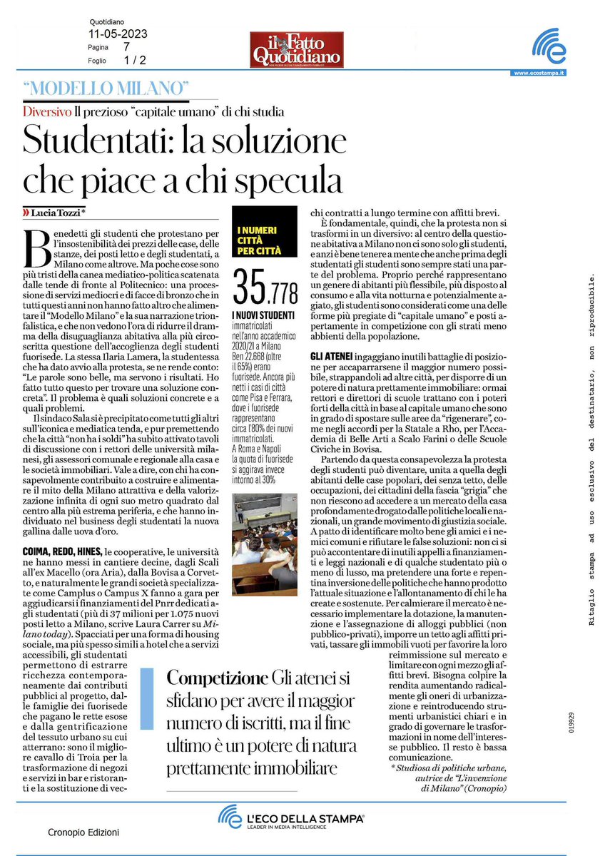 #LuciaTozzi sul caro affitti e la protesta degli studenti 'Il prezioso 'capitale umano' di chi studia' @fattoquotidiano @tomasomontanari @radiopopmilano @DinamoPress @contropiano @ilmanifesto @Ivan200001 @mentinfuga @Presa_Diretta @antinomie_it @PieroSorr