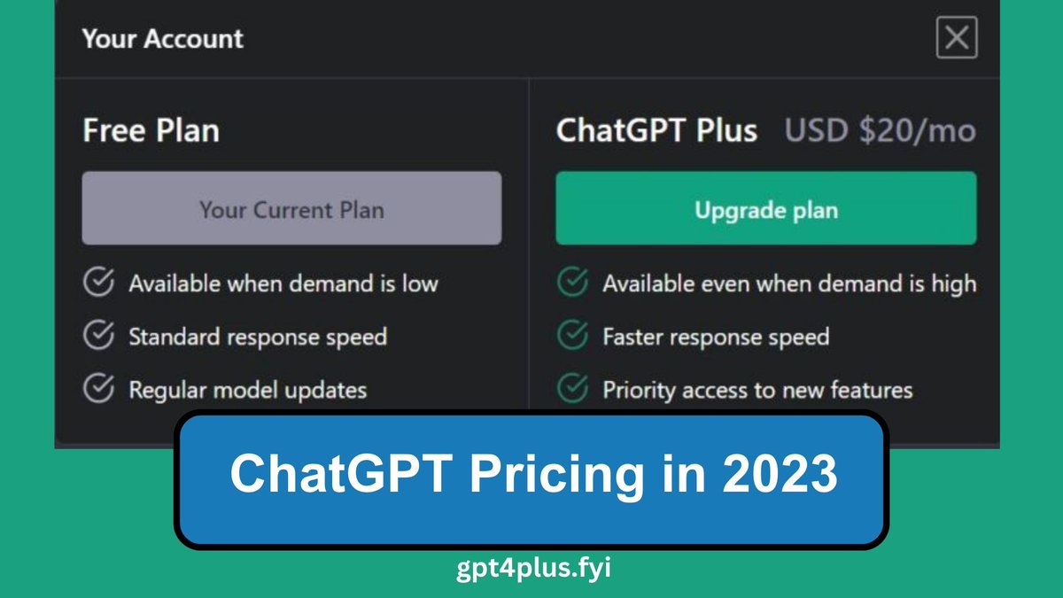 Gpt4Plus's tweet image. ChatGPT pricing in 2023. Explore the free tier and subscription plans, including the Basic, Pro, and Enterprise options. Learn about features, costs, payment options, fair usage policy, and customer support. #2023 #Ai #ChatGPT #ChatGPT4Bing

gpt4plus.fyi/chatgpt-pricin…