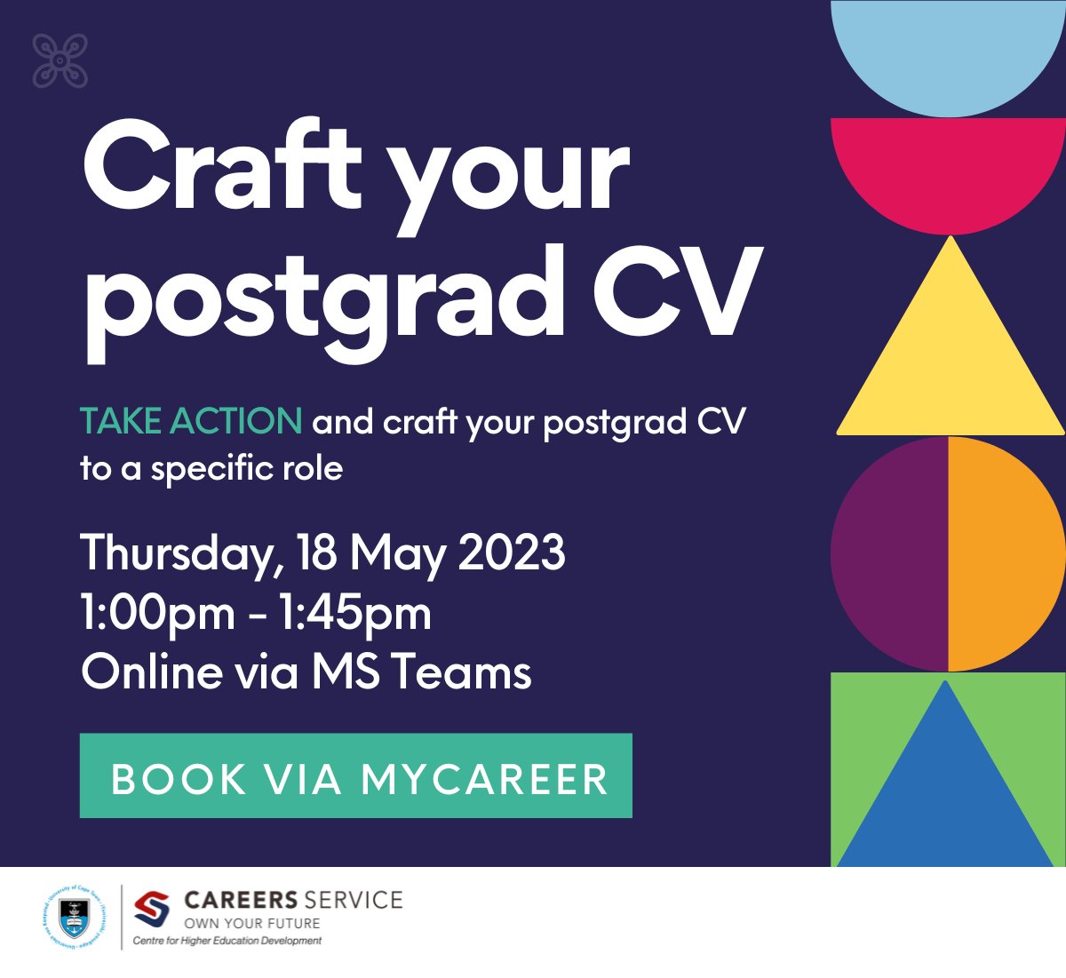Postgrad students! Join us next week Thursday, 18 May 2023 for a webinar where you'll learn how to write a targeted CV and demonstrate that you've got the skills to match the job you're applying for. Book here - mycareer.uct.ac.za/students/event…