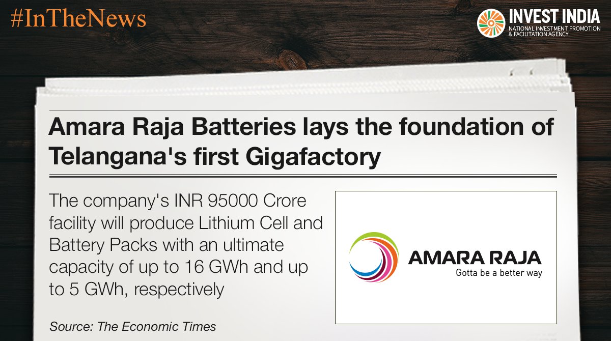 investindia's tweet photo. #InTheNews
@AmaraRaja_Group's Lithium Cell facility will create direct employment for ~4500 people and similar indirect jobs in the state.
Know more 👉 https://t.co/pHeTMiH3sL
#InvestInIndia #InvestIndia #InvestInTelangana #MakeInIndia #LithiumCell #Gigafactory @makeinindia https://t.co/wmzmnfdZtE