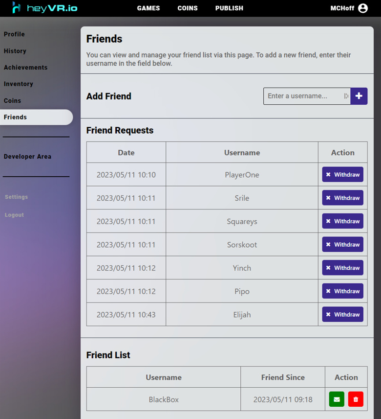Connecting with like-minded people is essential to our social experiences. That's why we're excited to introduce our new friends list feature! Build your community and share your passions with others. #friendship #community #WebXR #VRGaming