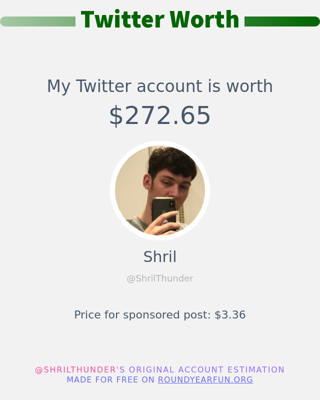 My Twitter worth is: $272.65

➡️ funroundy.click/twitterworth